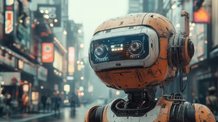 Futuristic orange robot in urban cityscape with neon lights and nighttime atmosphere