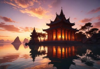 Fototapeta premium Temple overlooking sea and sunset with reflection in water, temple, sky, pink