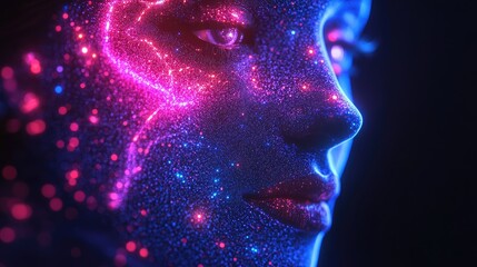 Obraz premium Futuristic Portrait of a Woman with Neon Glowing Effects and Glittering Skin in Cyber Aesthetic