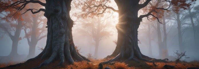 The fog swirls around the tree's trunk, creating an otherworldly aura, nature scene, misty fog, landscape photography