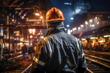 Engineer's perspective at a bustling train station during night operations with illuminated trains passing by