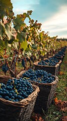 A rustic vineyard during harvest season with baskets full of fresh grapes. pic