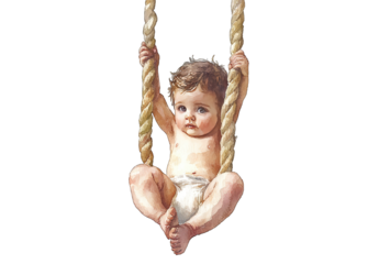 A charming watercolor painting of a baby joyfully swinging on a rope Perfect for nursery decor or baby shower gifts