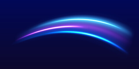 Lines in the shape of a comet against a dark background. Motion light effect for banners. Neon color glowing lines, high speed light trails effect. Purple glowing wave swirl, impulse cable lines.