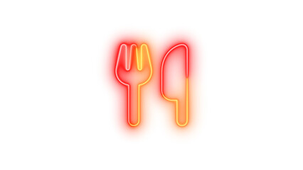 Neon utensils sign icon brown red color glowing with transparent background