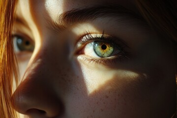 Fototapeta premium Close-up photo of a woman's eye with visible freckles, great for personal or editorial use