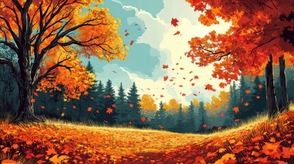 Vibrant autumn forest with falling leaves and orange foliage under a clear sky