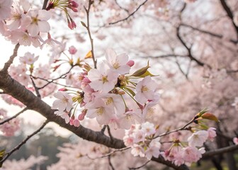 Fototapeta premium A close-up of delicate pink and white cherry blossoms in full bloom