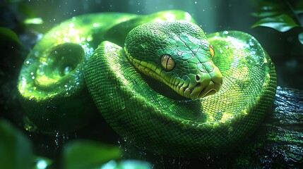 Fototapeta premium Emerald tree boa coiled rainforest sunlit branch