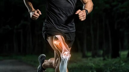 Runner demonstrating knee joint movement. X-ray bone, injury