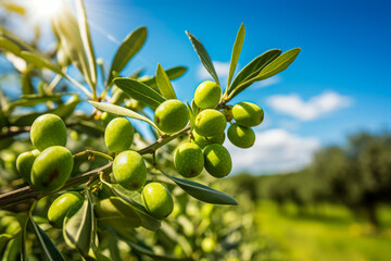 Green olives ripening on the branch of an olive tree under bright sunlight in a scenic landscape with blue skies