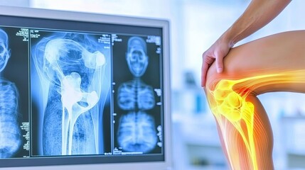 X-ray image showing knee joint anatomy. X-ray bone, injury