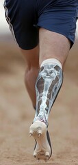 Athlete running with innovative leg design. X-ray bone, injury