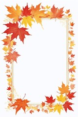 Thin Elegant Frame with Small Red, Yellow, and Orange Maple Leaves on White Background