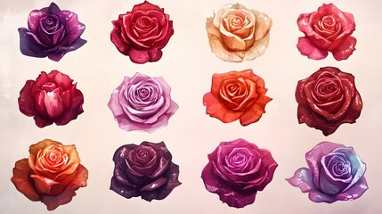 Twelve Vivid Roses in Various Shades and Hues