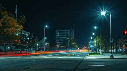 Nighttime city skyline with street lights and cars passing by.