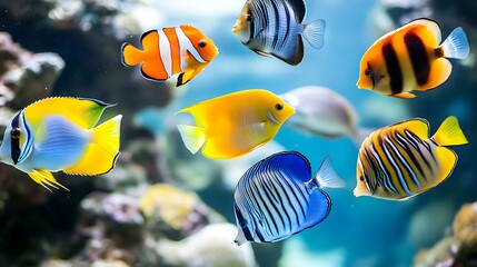 Colorful tropical fish swimming in clear shallow ocean water.
