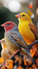 Two birds sitting on a branch chirping in a realistic natural setting photograph