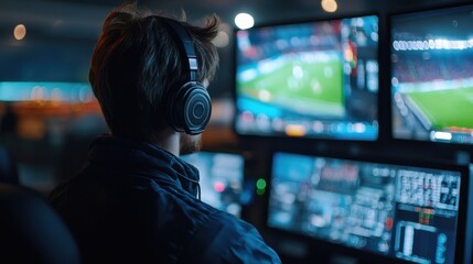 Man analyzing live sports broadcast in control room with multiple monitors and equipment
