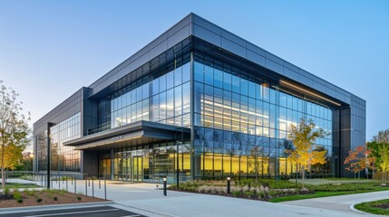 A sleek office building with a large glass entrance