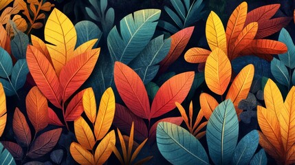 Vibrant Autumn Leaves Dark Background Digital Art