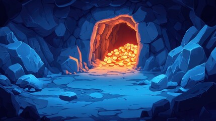 Illuminated cave with pile of gold coins in rocky interior