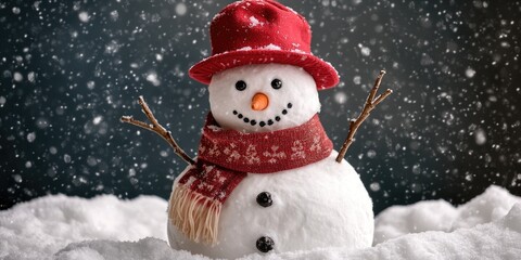 A snowman wearing a red hat and scarf, perfect for winter themed images