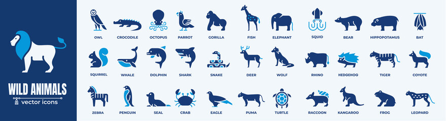 Wildlife and Animal Vector Icons Set. A collection of wild animals, marine life, and exotic creatures vector icons.