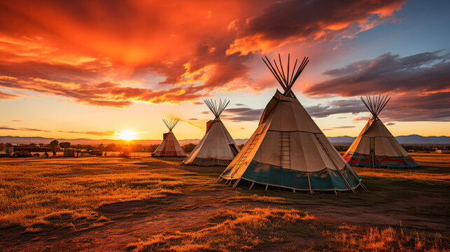 Colorful tepees under a dramatic sky at sunset in the Great Plains showcasing native culture and tranquil beauty