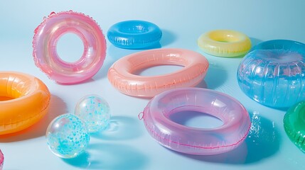 Floating summer accessories like inflatable rings and beach balls in a pool.