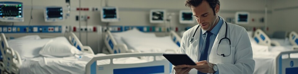 A person in a medical uniform examines a digital device, likely for educational or professional purposes