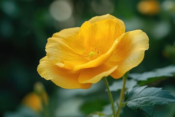 Obraz premium A close-up shot of a bright yellow flower with green leaves
