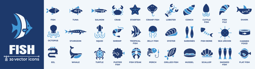 Fish Icons Set. Seafood and Marine Life Vector Icons Collection. A detailed set of seafood, marine animals, and fish vector icons.