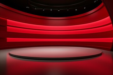 Modern tv studio set with red neon lights, spotlights, and a circular stage, perfect for news broadcasts or talk shows