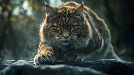 Majestic Feline in Powerful Pouncing Stance, Piercing Gaze, and Velvety Fur within Mystical Dark Forest