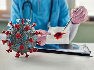 Healthcare professional conducts test involving virus model and blood sample