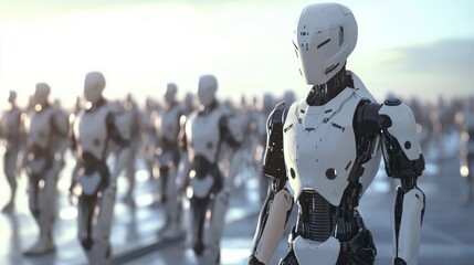 Fototapeta premium A Legion Of Advanced Humanoid Robots Stands Ready