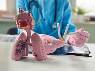 Doctor examines model of lungs while holding cigarettes in a clinical setting to emphasize smoking risks concept