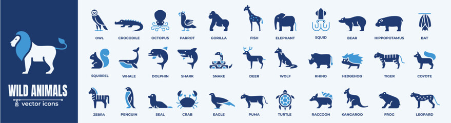 Wildlife and Animal Vector Icons Set. A collection of wild animals, marine life, and exotic creatures vector icons.