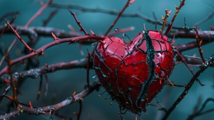A cracked heart entwined in thorny vines, representing the struggle of healing from complex ptsd.