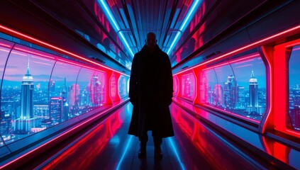 A futuristic neon-lit corridor with a sprawling cityscape view in the background a lone figure in a long, dark coat