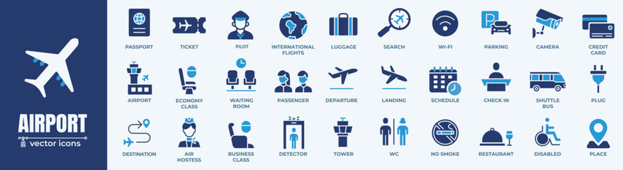 Airport Vector Icons Set. Comprehensive airport icons covering planes, luggage, and terminals; ideal for travel applications.