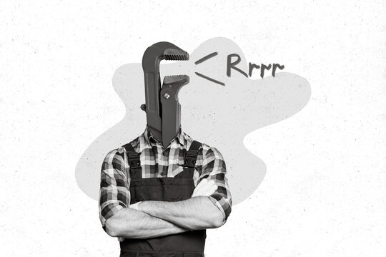 Creative collage image of confident construction worker man wrench key tool instead head isolated on painted background