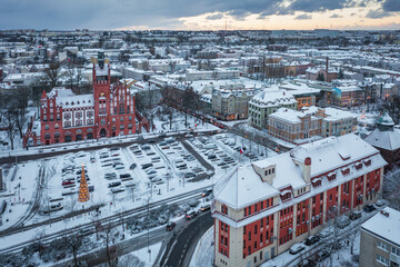 Winter scenery of the city of Slupsk at dusk, Poland.