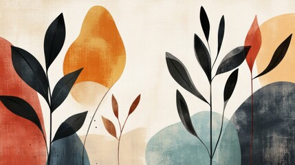 Abstract Botanical Illustration with Organic Shapes and Earthy Tones