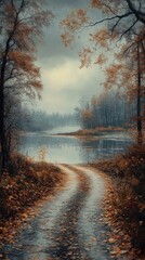 Obraz premium Forest path leading to a serene lake surrounded by trees and natural landscape scenery