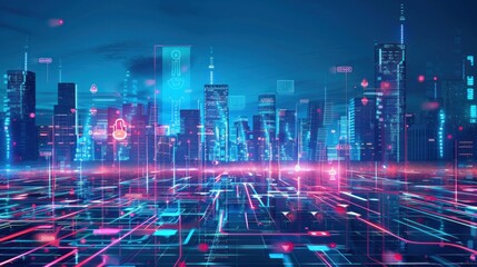 Fototapeta premium High-tech city with glowing neon signs and holographic displays.