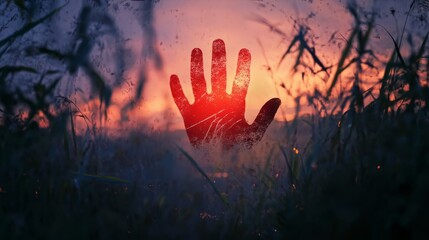 Dramatic sunset view with large hand print silhouette over grassy landscape. Red hand day concept