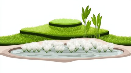 Peaceful Nature Illustration of Green Hills, Pond, and White Flower Clusters with Plants