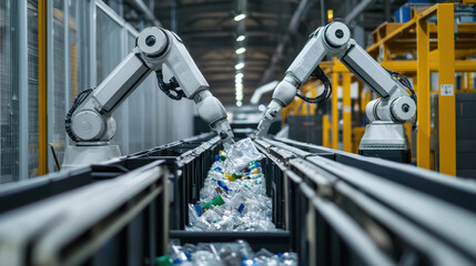 Futuristic robots sort recyclable plastic materials at a high-tech waste recycling and sorting facility